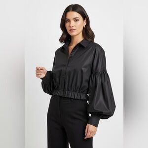 Know One Cares Black Puff Sleeve Cropped Button Down Top Size M NWT